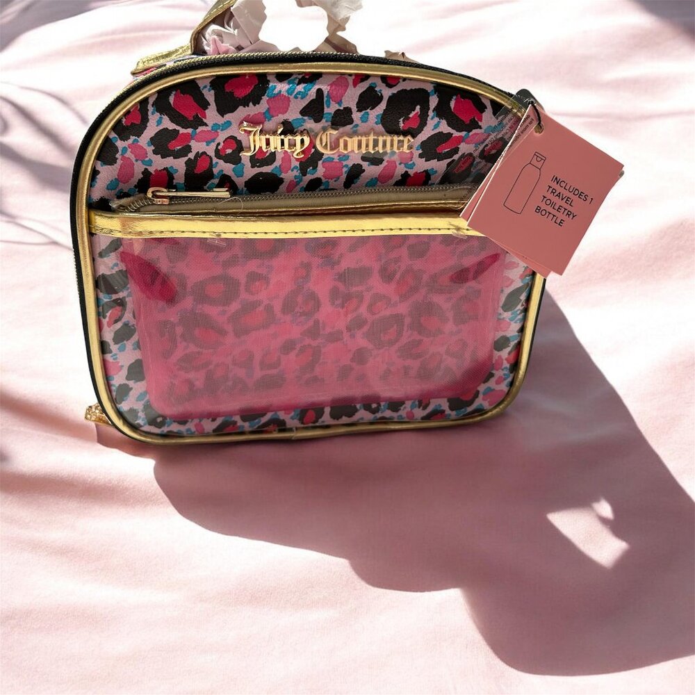 NWT Juicy Couture Pink Leopard Clear Cosmetic Case with Gold Trim